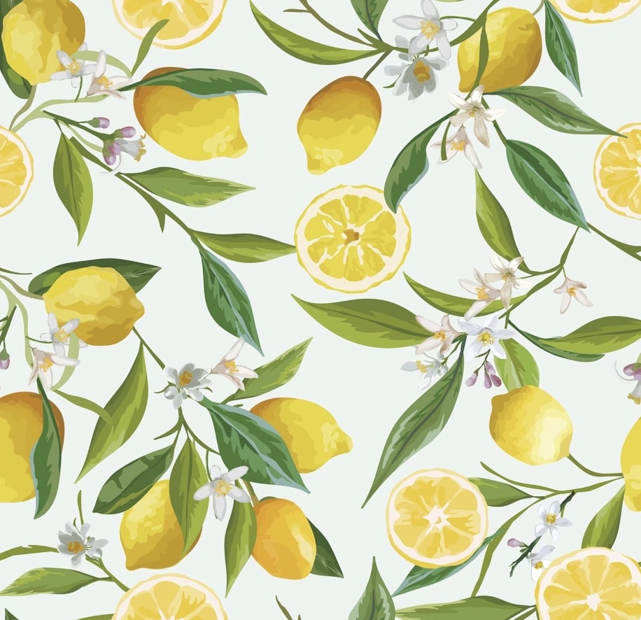Seamless pattern of whole lemons, lemon slices, green leaves, and white blossoms on branches—this design is my favorite summer decor to make, arranged artistically on a light background.